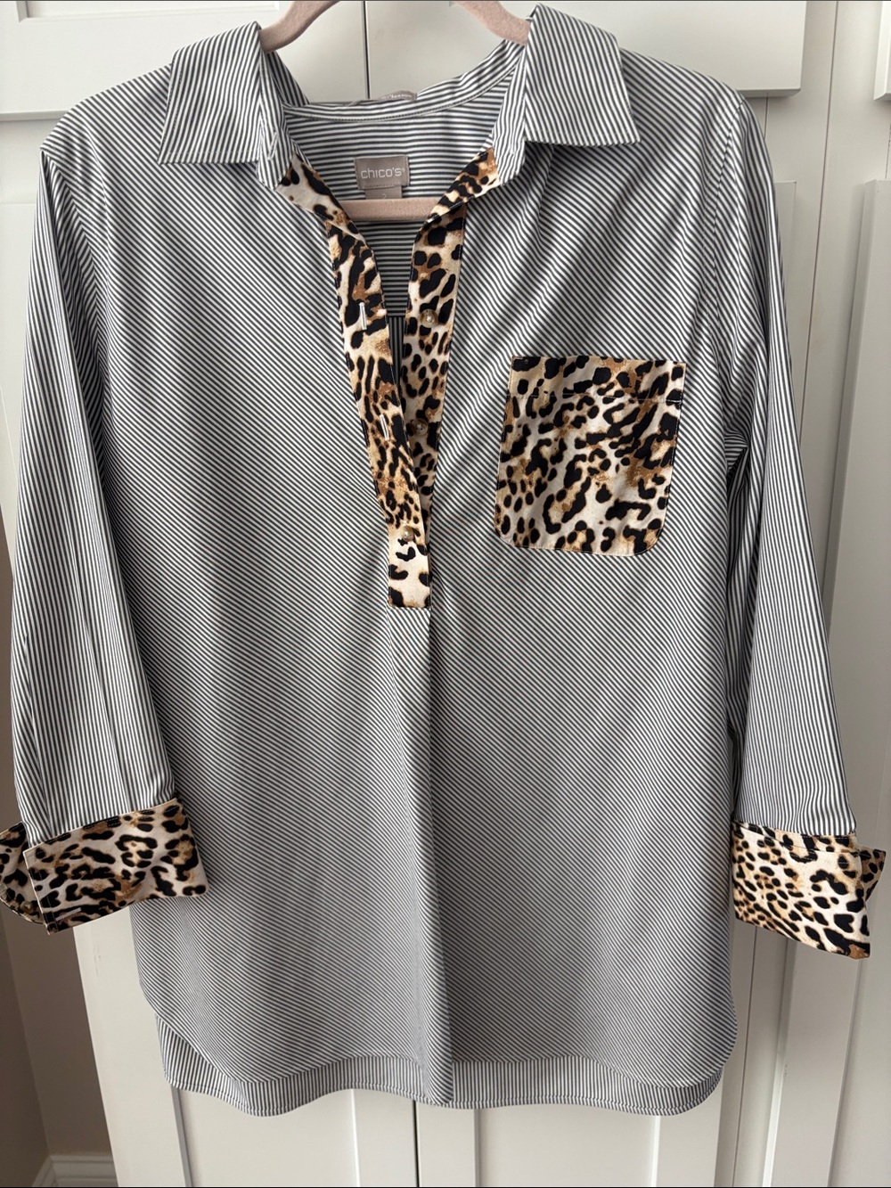 Chico's Navy Striped Tunic with Leopard Trim